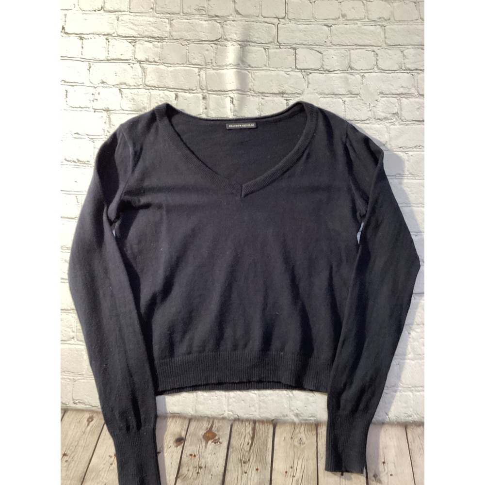 Brandy Melville Navy Blue V-Neck Sweater Long Sleeve Lightweight Knit Pullover